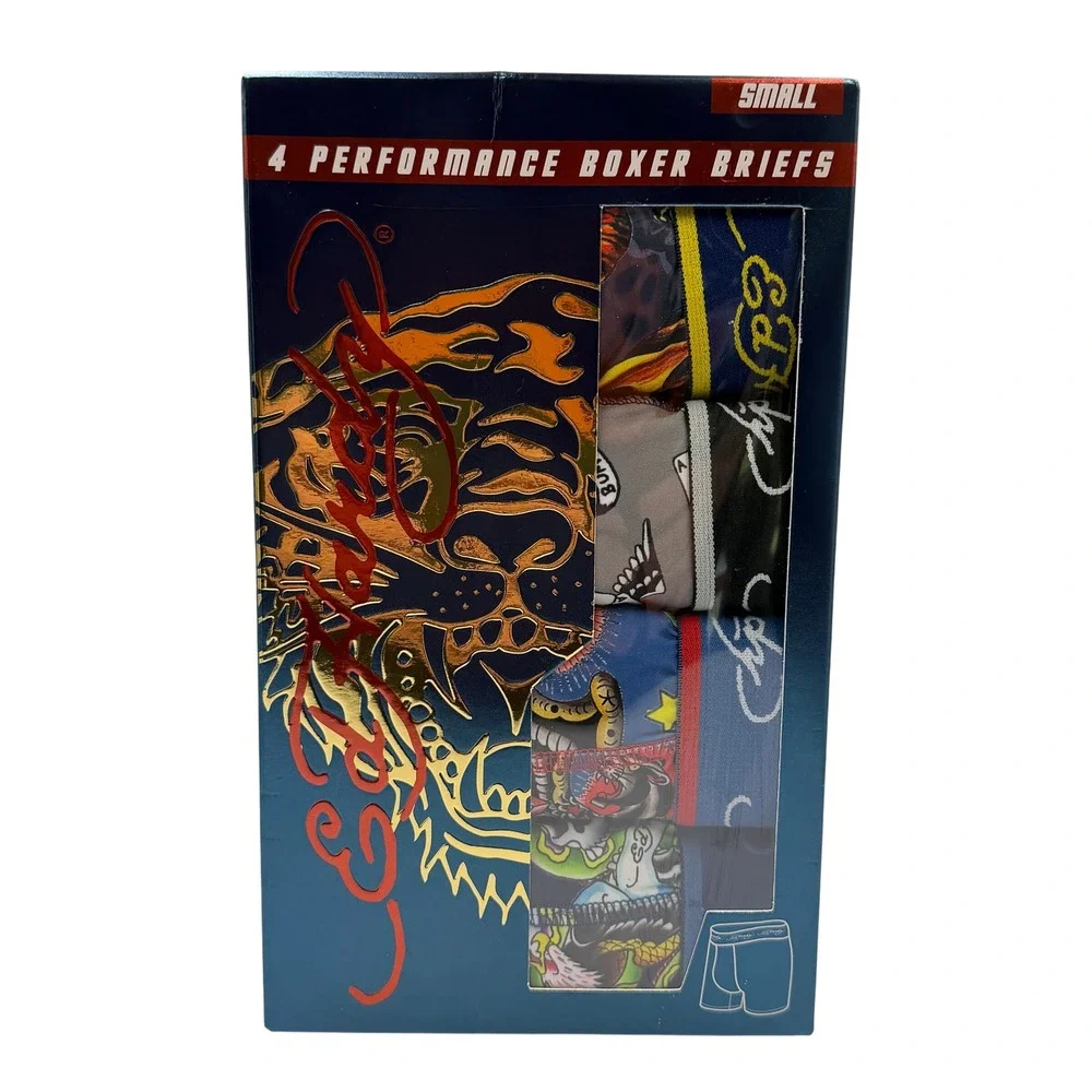 Ed Hardy Boxer Briefs Men Small Multicolor 4-Pack Performance Tattoo Print *NEW*